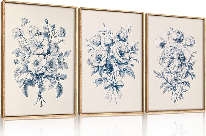 KAIRNE Blue Floral Wall Art Set of 3, Vintage Botanical Flower Framed Canvas Prints, Blue and White Chinoiserie Flower Artwork Decor for Living Room, Bedroom, Office - 24×36 inch