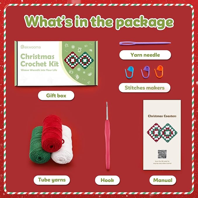 OAKWOOMA Crochet Kit for Beginners, Easy Arts and Crafts Knitting & Crochet Coaster Kit with Step-by-Step Video Tutorials, Crochet Starter Kits for Adults, Teens, Kids (Christmas Granny Square)