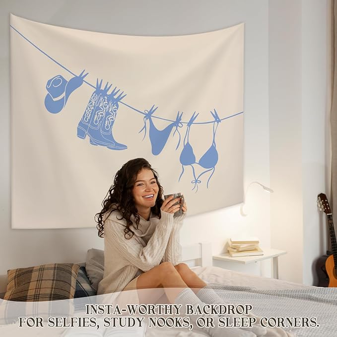 STHTTSW Blue Coastal Cowgirl Tapestry, Western Cowgirl Tapestries Wall Blanket, Preppy Girly Aesthetic Wall Hanging Decor for Teen Girl Women College Dorm Apartment Bedroom, 50x60 Inch
