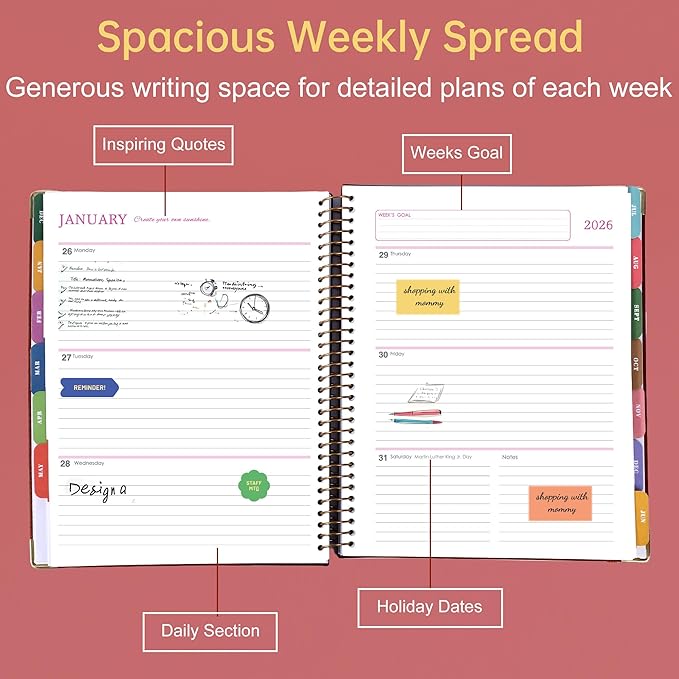 Yoment 2026 Planner Weekly and Monthly 8.5"x11" Large Hardcover Planner from Dec 2025 - Dec 2026 13 Months Calendar Academic Planners for Women Men Agenda Daily Weekly Yearly Planning with Tabs, Red