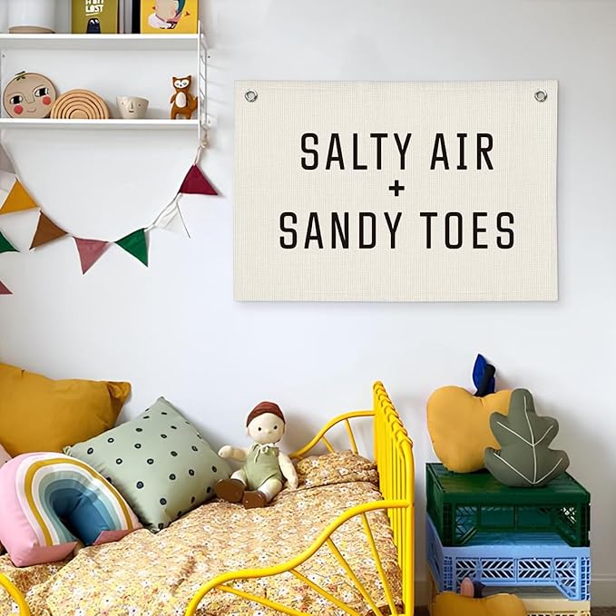 Summer Beach Room Decor, Retro Coastal Surf Banner, Salty Air Sandy Toes Linen Canvas Banner Wall Hanging Flag Decor for Nursery Playroom