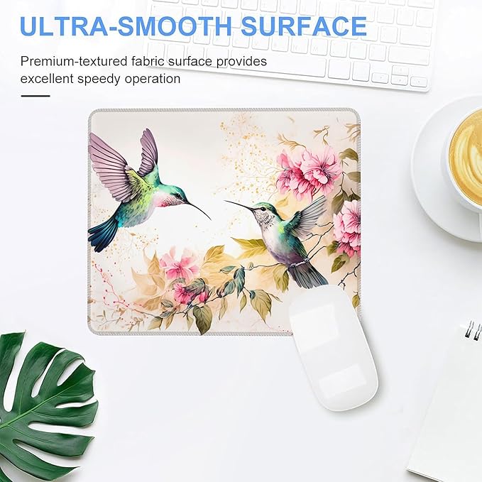Mouse Pad, Watercolor Colibri Birds and Pink Flowers Mouse Pads for Desk,Soft Computer Mouse Mat Square Waterproof Non-Slip Rubber Base Gaming MousePads for Women Men,Laptop,Office
