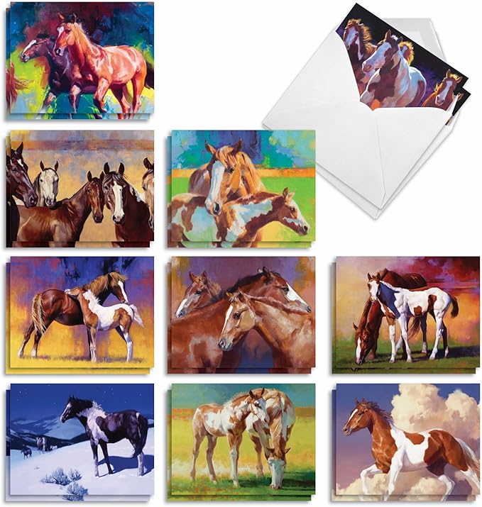 The Best Card Company - 20 Blank Note Cards with Envelopes (4 x 5.12 Inch) - All Occasion Animal Card Assortment (10 Designs, 2 Each) - Wild Horses AM2824OCB-B2x10