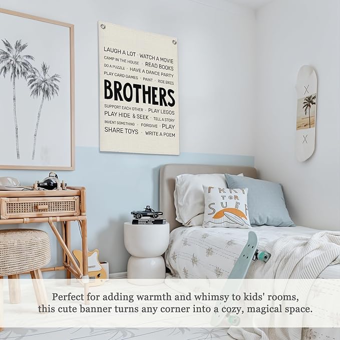Boys Room Decor,Brothers Make The Best Friends Toddler Room Banner,Playroom Linen Canvas Wall Hanging Flag Decor for Nursery,Playroom,Bedroom,Living Room 18x25 Inch