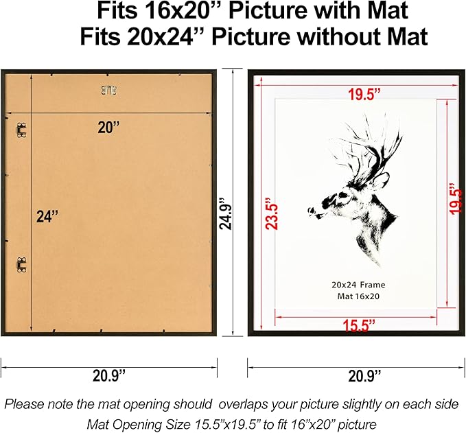 Yaetm 20x24 Black Picture Frame with Mat for 16x20 Set of 4, Solid Wood Gallery Wall Frame for Photos, Posters & Art Prints, Horizontal and Vertical Wall Mount (4 Pack, Anthracite Black)