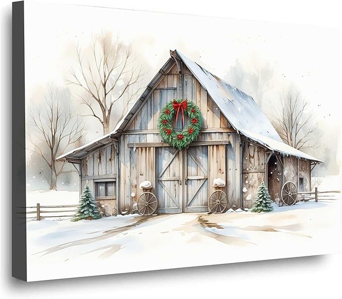 Rustic Landscape Wall Decor Barn Winter Cottage Wall Art Holiday Landscape Painting Rustic Winter Print Christmas Gingerbread Poster Indoor Decor for Living Room Bedroom Cabin Framed Ready to Hang