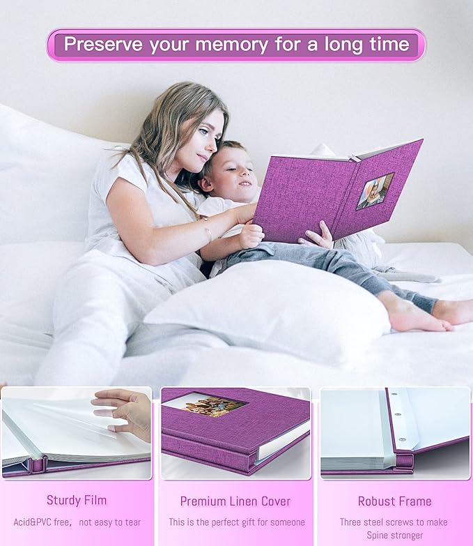 popotop Photo Album Self Adhesive with Picture Display Window,60 Pages DIY Scrapbooking Supplies Kit for 4x6 10x12 Picture,Linen Cover Memory Book for Baby Wedding, with Scraper and Metallic Pen