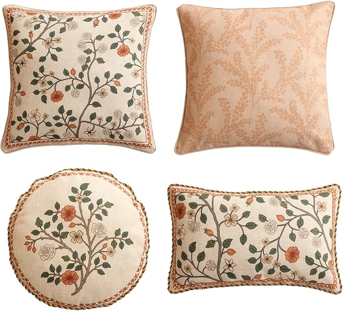 ISAENNE Design Linen Vintage Lumbar Square Round Throw Pillow Covers Set of 4, French Country Cushion Covers with Pink Blue Floral Pattern Decoration Pillowcases for Bed,Living Room,Outdoor,Car