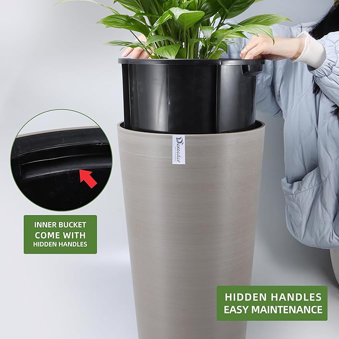 Dexceder 22x13 Tall Self Watering Planter High Cylinder Indoor Outdoor, Thickened Large Floor Standing Flower Plant Pot with Water Level Indicator (Coffee, Wire Drawing)