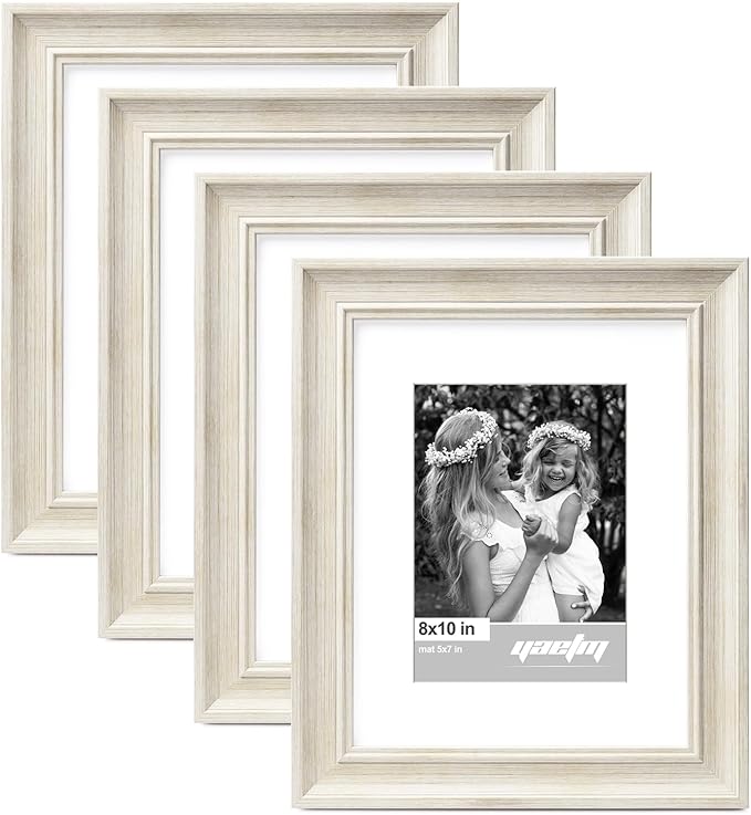 Yaetm 8x10 Picture Frame Matted to 5x7 Set of 4, 1.4” Wide Molding & Rustic White Photo Frames 8 x 10 with Tempered Glass, Display on Tabletop & Wall Mounting (4 Pack, White)