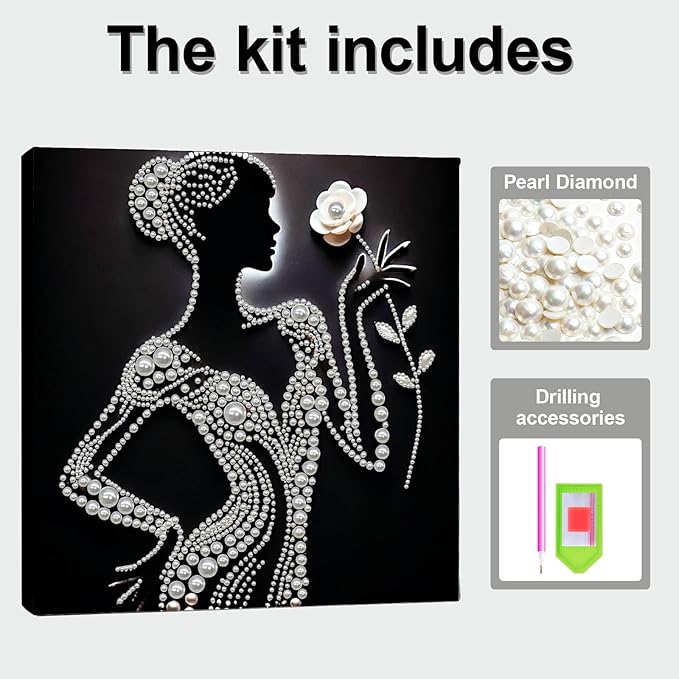 DIY Pearl Painting Kit with Wooden Frame, 3D Plastic Pearl Gemstone Ocean Art Craft for Adults Beginners, Diamond Art Kits for Adults, Home Wall Decor Ready Gift for Women(Silhouette Lady)(30 * 30cm)