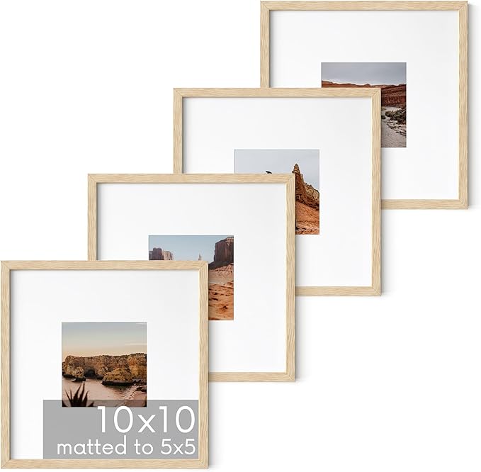 HAUS AND HUES Beige Oak Wood 10x10 Picture Frames - Set of 4, Square Frames with Mat, Modern Gallery Wall Frames for Posters (10x10 in, Beige, Set of 4)