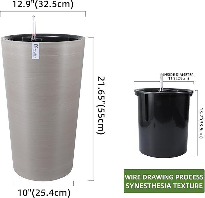 Dexceder 22x13 Tall Self Watering Planter High Cylinder Indoor Outdoor, Thickened Large Floor Standing Flower Plant Pot with Water Level Indicator (Coffee, Wire Drawing)