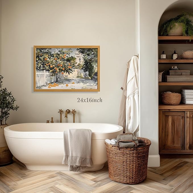 LLEEMPI Orange Tree Wall Art, Country Botanical Wall Decor, Vintage Fruit Canvas Painting, Rustic Farmhouse Poster Print for Kitchen Bathroom Bedroom Living Room Office Wood Framed 12x16 Inch