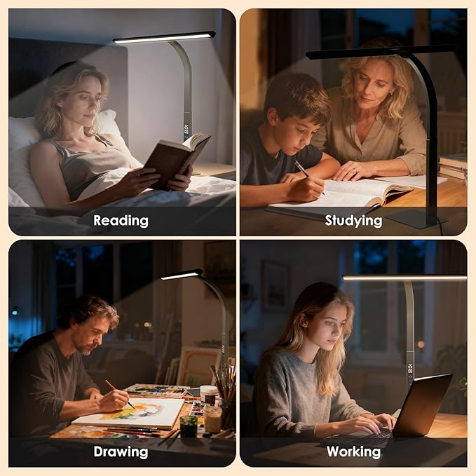 LED Desk Lamp for Office Home: Desk Light with Base 25 Min Pomodoro Timer, Clock LCD Display - 5 Color Stepless Dimming Adjustable Flexible Gooseneck, Lighting Table Lamp for Reading Study Drafting