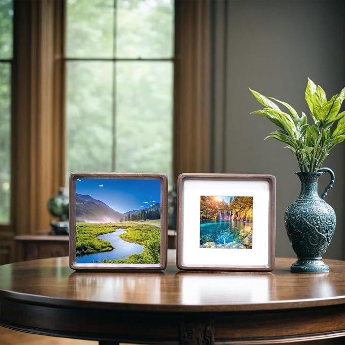 HELPLEX 4x4 Matted to 3x3 Square Picture Frame Set of 2 - Natural Walnut Wood with HD Tempered Glass, Convertible Design for Wall or Tabletop Display - Art Gallery & Luxury Home Office Decor