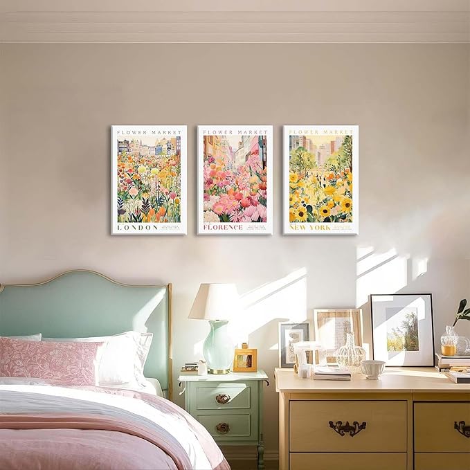 XLARTMY Flower Market Wall Art Print Canvas Framed Yellow Pink Floral Paintings Colorful Botanical Sunflower Artwork Travel Poster for Decor Picture 3 pieces for Living Room Bedroom Bathroom 16x24in