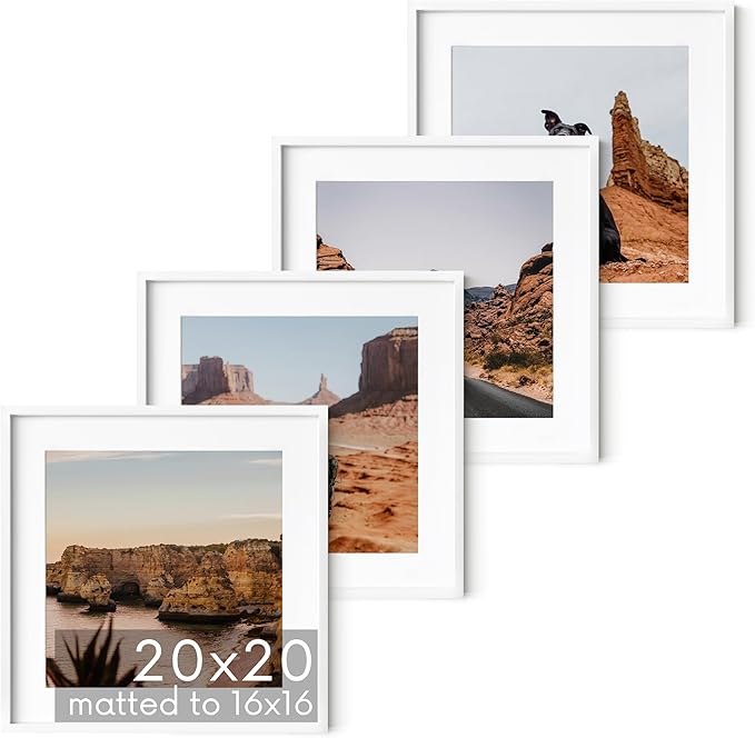 HAUS AND HUES 20x20 White Aluminum Frame Set of 4 - Matted to 16x16, Hanging Hardware, Shatterproof Plexiglass (20x20 in, White)
