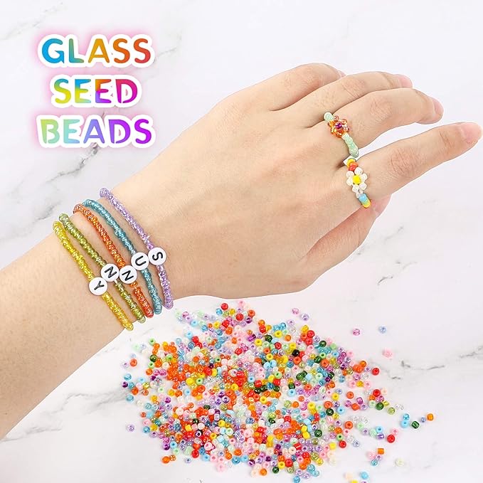 DICOBD 12000pcs 3mm Glass Seed Beads for Bracelets Making Kit with Letter Alphabet Beads, Friendship Bracelet Kits 8/0 Craft Bead for Jewelry Making Necklaces and Key Chains with 2 Rolls of Cord