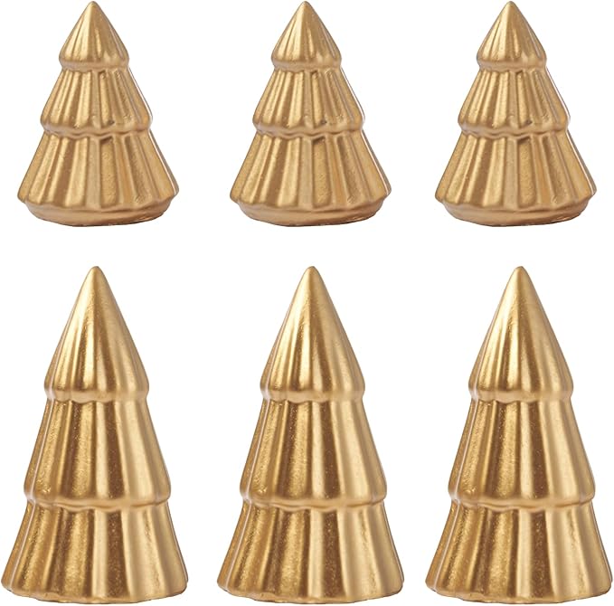 WDS WONDROUS Metallic Mini Christmas Trees Gold, Set of 6 Small Christmas Trees Figurine Tiered Tray Decor, Xmas Tabletop Decorations Table Centerpiece Office Mantel Shelf
