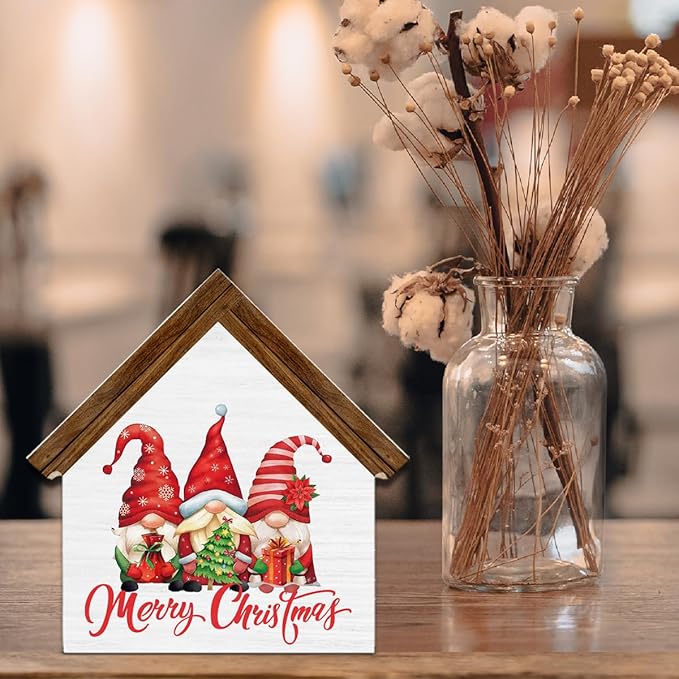Gnome Christmas Decorations, Merry Christmas Gnomes House Shaped Wood Sign, Farmhouse Home Decor for Desk Table Shelf