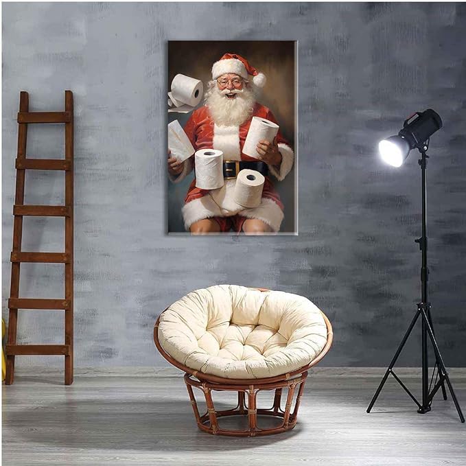 Canvas Santa Bathroom Wall Art Toilet Humor Decor Vintage Christmas Holiday Wall Art Restroom Amusing Gift Santa Toilet Rolls Funny Poster 16x24in-UnFramed