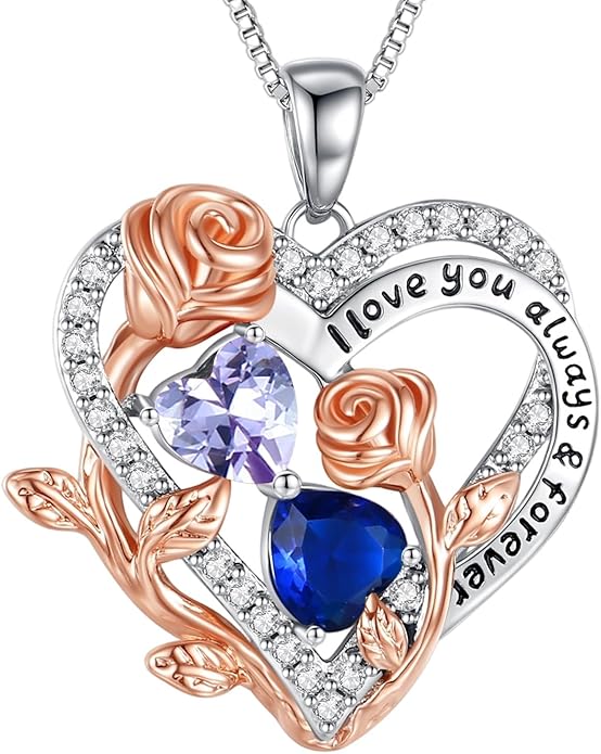 I Love You Birthstone Necklace, 925 Sterling Silver Heart Pendant with CZ Diamond Stones, Birthday Gifts for Women, Romantic Gift for Wife, Girlfriend, Her, Anniversary, Valentine's Day, Christmas