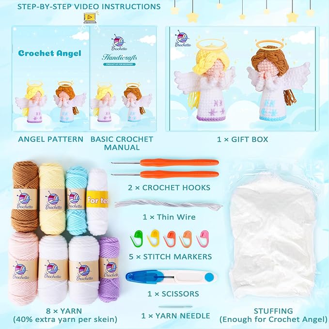 Crochetta Crochet Kit for Beginners, Beginner Crochet Kit for Adults with Step-by-Step Video Tutorials, Amigurumi Crochet DIY Knitting Supplies for Adults Kids, 2-Pack Angel (40%+ Yarn)
