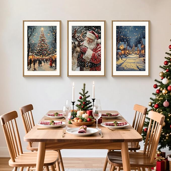 Large Enchanting Christmas Framed Canvas Wall Art Set,Santa Claus Reindeer Wall Decor,Magical Glowing Christmas Tree Artwork,Winter Snowy Village Art Print for Living Room,Bedroom- 24"x36"x3