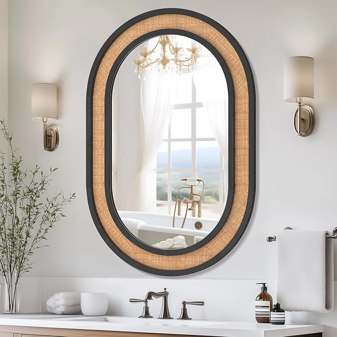 Rattan Wall Mirror with Wooden Framed Black Oval Bathroom Mirror 24 X 36 inch Farmhouse Wood Mirror for Modern Decorative Bathroom, Living Room, Entryway, Bedroom