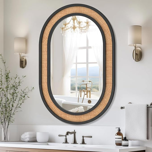 Rattan Wall Mirror with Wooden Framed Black Oval Bathroom Mirror 24 X 36 inch Farmhouse Wood Mirror for Modern Decorative Bathroom, Living Room, Entryway, Bedroom