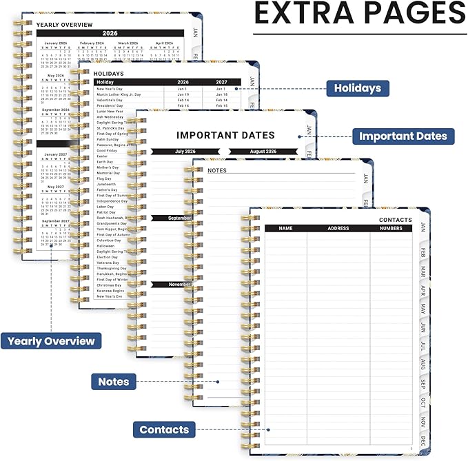 2026 Planner, Monthly and Weekly Calendar Planner for Women, Jan 2026 - Dec 2026, Hardcover Pretty 2026 Agenda Planner Book with Tabs, Spiral Bound, Perfect for School Office Home Supplies, 6.3" x 8.5" - Midnight Magnolia