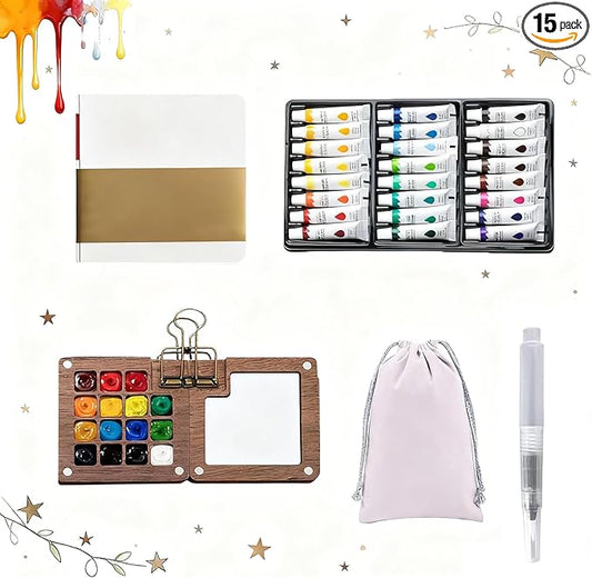 Mini Watercolor Travel Set,Portable Travel Water Color Kit With 12/24 Color Paints,Includes Picture Book & Mini Palette & Brushes,For Painters Artists Students (15)