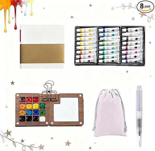 Mini Watercolor Travel Set,Portable Travel Water Color Kit With 12/24 Color Paints,Includes Picture Book & Mini Palette & Brushes,For Painters Artists Students (8)