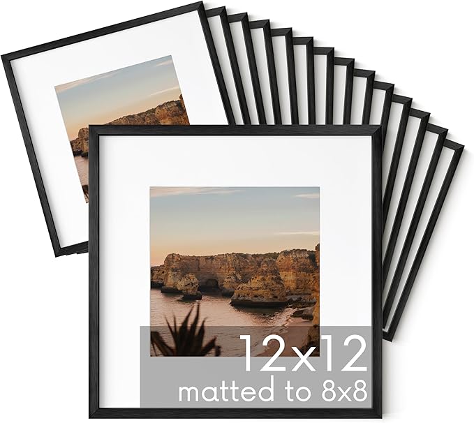 HAUS AND HUES 12x12 Black Metal Picture Frames Matted to 8x8 - Features Premium Aluminum & Hanging Hardware, Shatterproof Plexiglass - Ideal for Home, Room, Office (12x12 in, Black, Set of 15)