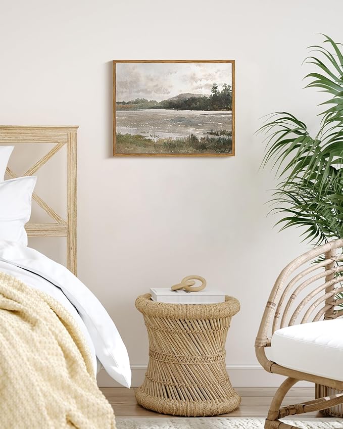 VIYYIEA Vintage Nature Framed Wall Art, Lakeside Landscape Paintings Art Decor Aesthetic, Canvas Print Artwork, Retro Scenery Wall Pictures for Bedroom Bathroom Office 11X14 Inch