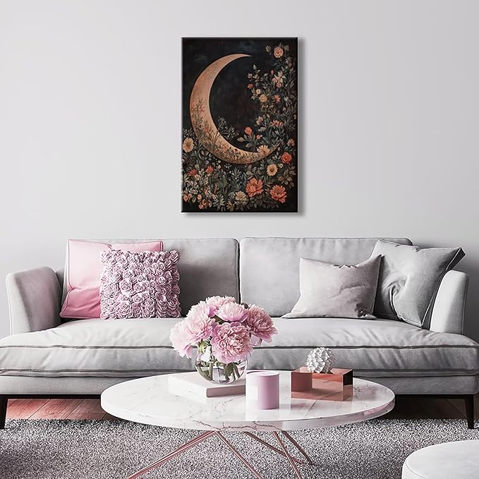 Crescent Moon Floral Canvas Poster Modern Trendy Lunar Wall Art Vintage Dark Celestial Painting Prints Whimsical Botanical Aesthetic Home Decor for Bedroom Living Room 12x16inch Unframed