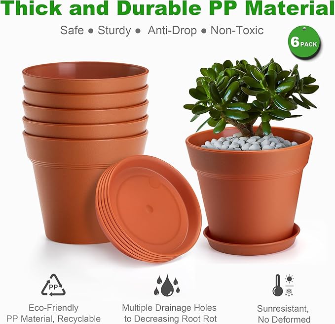 4 Inch Plastic Plant Pots 6 Pack, Small Flower Pots with Drainage Holes and Tray, Thickened Indoor Planters Seedlings Nursery Pots, African Violet, Succulent and All House Plants, Terracotta