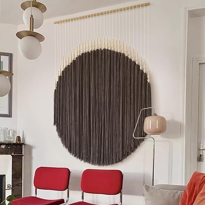 IOWER Macrame Wall Hanging Brown Yarn Wall Art Beaded Boho Wall Decor Round Tassel Handmade Home Wall Aesthetic Living Rooms Bedrooms Offices Home Decor 39" W x 55" L