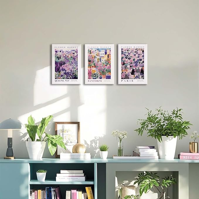 XLARTMY Flower Market Wall Art Prints Canvas Purple and Pink Floral Paintings Colorful Botanical Travel Flower Posters for Home Decor Pictures Set of 3 for Living Room Bedroom 12x16in