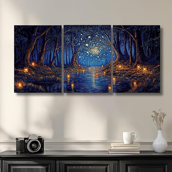 Oxzcimty Van Gogh Wall Art, Noche Estrellada De Van Gogh, Starry Night Canvas Wall Art for Bathroom, Living Room, Office, Bedroom (16" x 24" x 3 pcs)