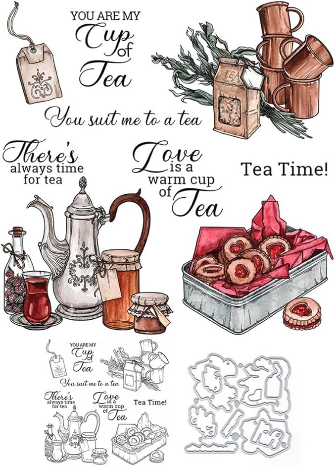 Teapot Cup Biscuits Stamps and Cutting Dies for Card Making DIY Transparent Silicone Clear Stamp and Metal Die Cuts Sets for Scrapbooking Paper Greeting Cards Decor Seals Craft Supplies