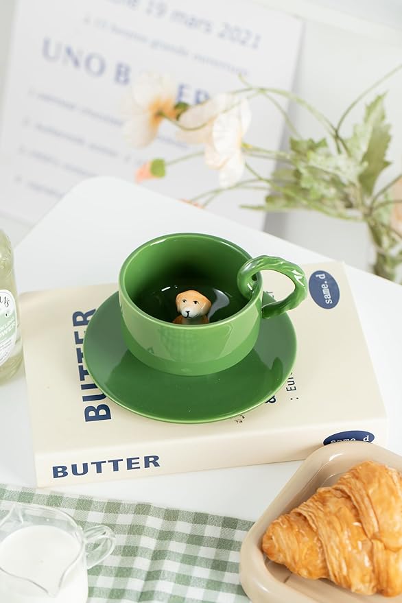DIHOclub Ceramic Coffee Mug With Saucer 3D Dog Sculpture With Tail Handle - Elegant Office & Gift-Ready Tea Cup for Pet Lovers, Birthday, Christmas (Green Dog)