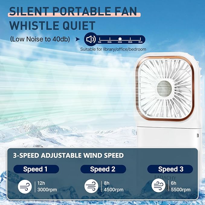 FADACHY Mini Fan Handheld Personal Fan Breeze Quiet Power Neck Fan Rechargeable, Outdoors, Hiking, Camping, white