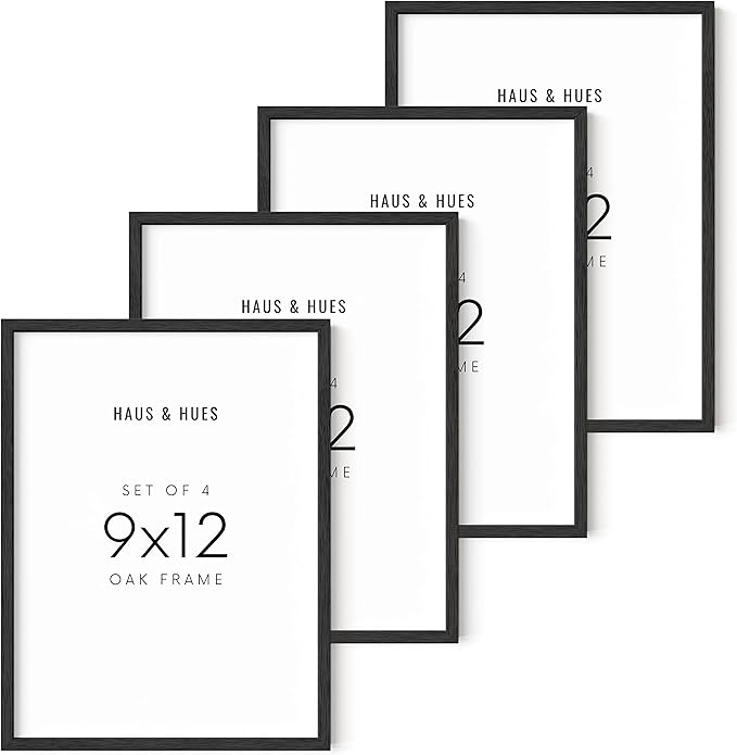 HAUS AND HUES 9x12 Black Oak Wooden Frame Set of 4 - Rustic Poster Holders for Wall Collage