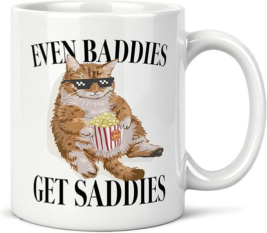 Funny Orange Cat Meme Mug 11 oz, Mental Health Gifts, Anxiety Relief Gifts Coffee Cups Ceramic, Even Baddies Get Saddies Ceramic Mug for Coffee Tea Hot Cocoa Home Office Work