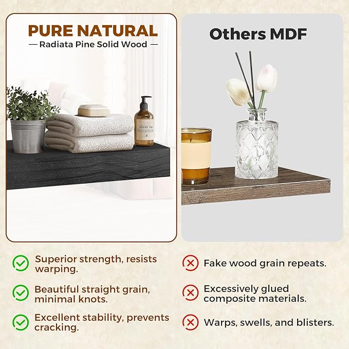 Floating Wall Shelf 16x6.8x1.7 Inch – Solid Wood Shelf in Black Finish – Wall Mounted Rustic Display Organizer for Bathroom, Kitchen, Bedroom, Small Spaces – Set of 3
