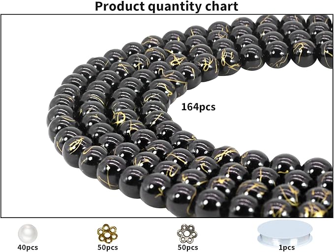Pamir Tong 300PCS 10mm Black & Gold Round Glass Beads Bracelet Space Loose Smooth Beads for Jewelry Making, Earring, Necklaces, Keychains, Lanyards & Adult Crafting