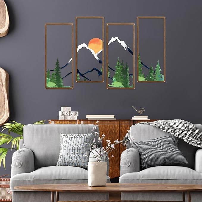 ruelen 4 Pcs Metal Sunset Mountain Forest Wall Art Mountain Line Decor Abstract Minimalist Wall Sculpture Rustic Nature Wall Decor for Home Office Bathroom Bedroom Living Room (Green)