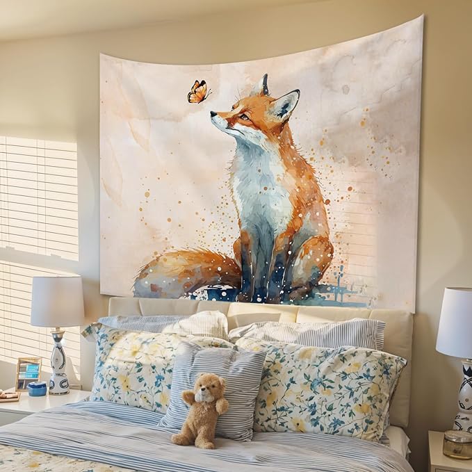 STHTTSW Fox Cute Tapestry, Fox Gifts，Watercolor Fox Tapestries Wall Blanket for Women Girls Fox Lovers, Aesthetic Preppy Animal Wall Hanging Decor for Teen Girls Women Home Living Room Bedroom, 50x60 Inch